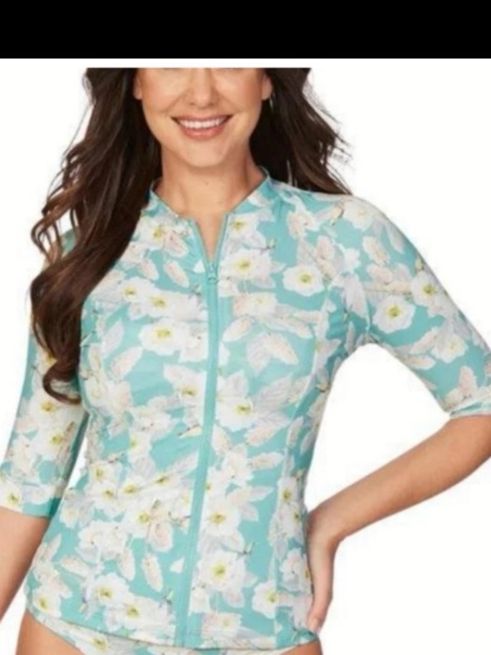 Nip Tuck Swim NWT Women’s Aqua Floral Zip Front Rash Guard Swim Top Sleeves 10